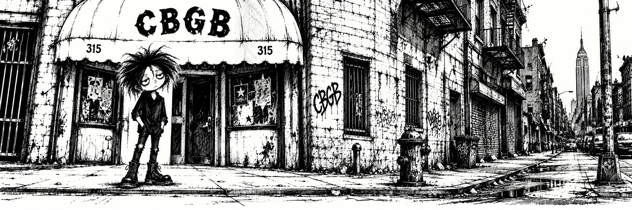 Ilustração de Zed diante do CBGB na capa do Dog Years